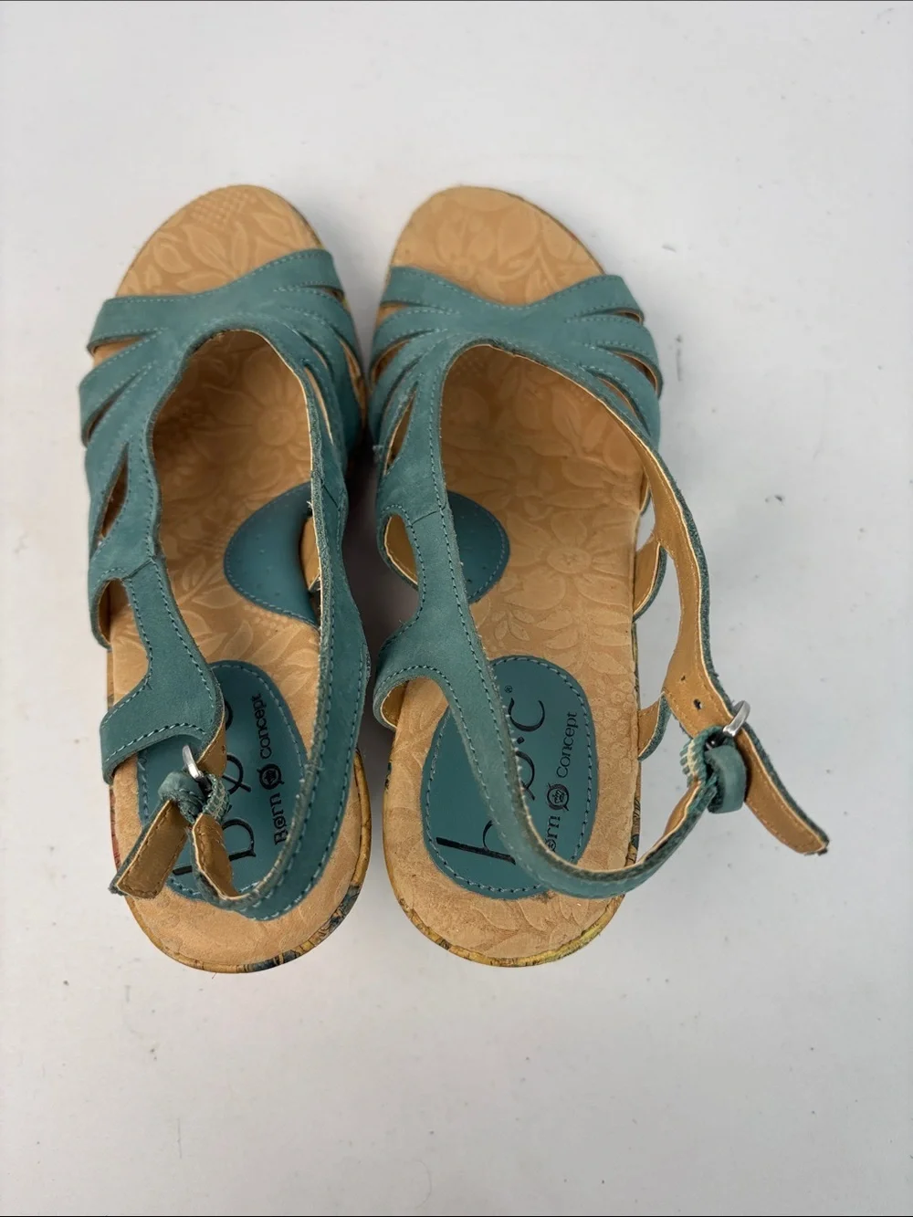 🫒 boc Teal Open-Toe Slingback Wedge Sandals with Floral Cork Heel